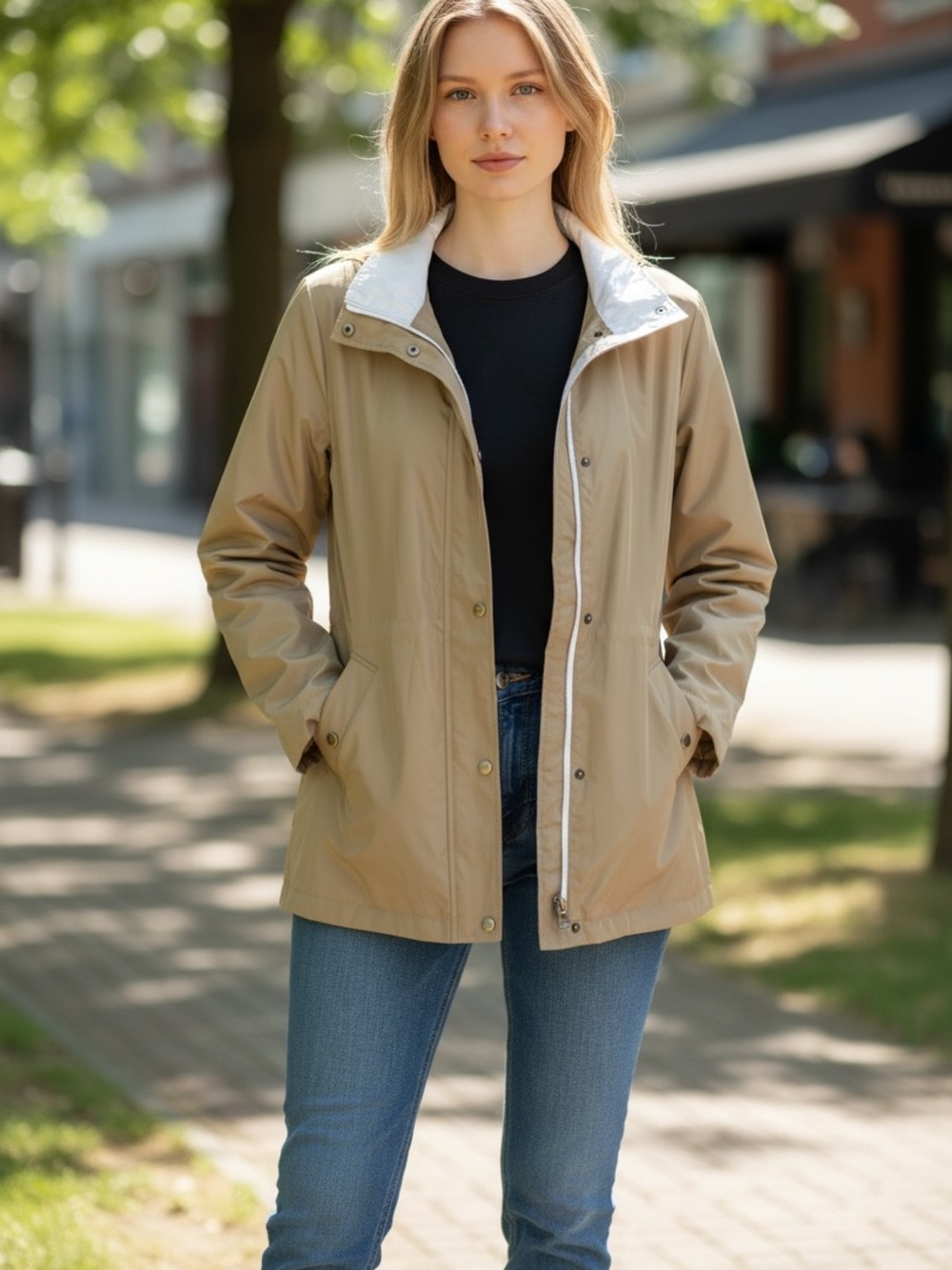 Lauren Ralph Lauren Beige Light Coat with White Contrast Collar - Picture 10 of 10